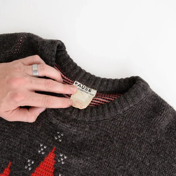 Vintage Pause Brown Red Wool Knit Grandpa Crew Neck Men's  Large Unisex - Picture 6 of 13